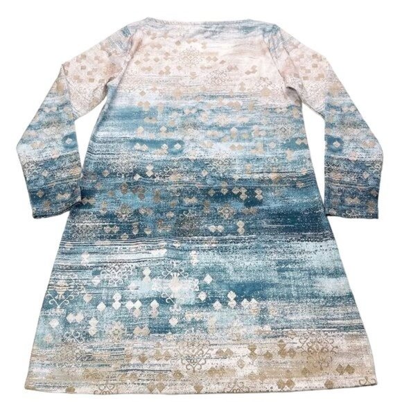 NWT Exclusive Heart Blue and Tan Long Sleeve V-Neck Sheath Dress Size Large - Picture 2 of 5